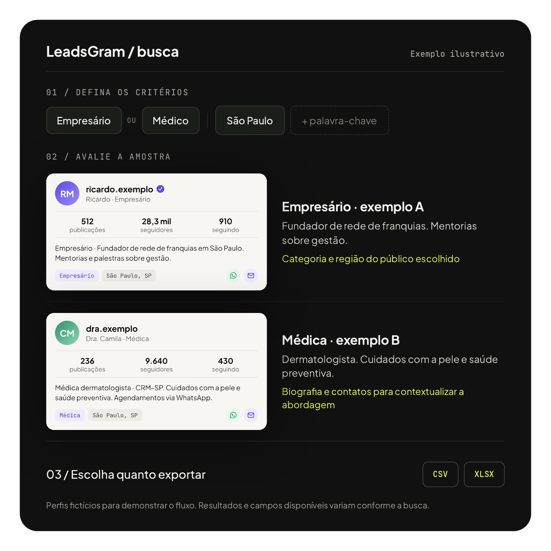 Exemplo ilustrativo da busca segmentada no LeadsGram